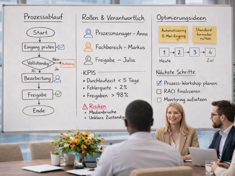 Team bespricht strukturierten Prozessablauf im Workshop