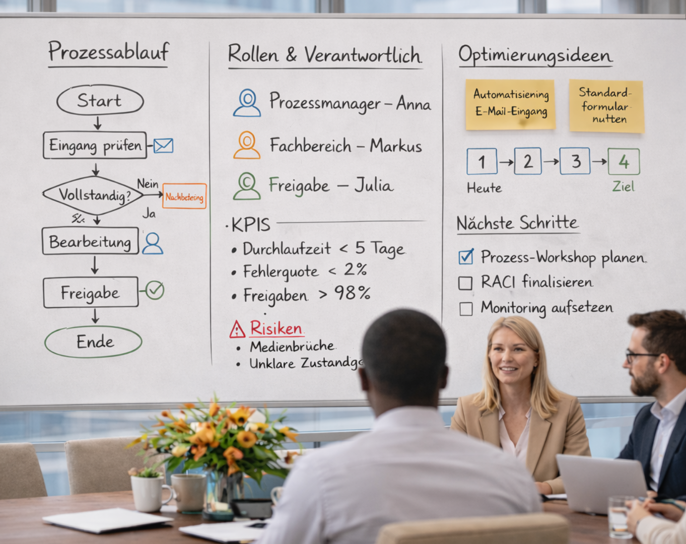 Core Implementation – Whiteboard Whiteboard mit Prozessablauf, Rollen und Optimierungsideen aus einer MTNexus Prozessdesign-Session
