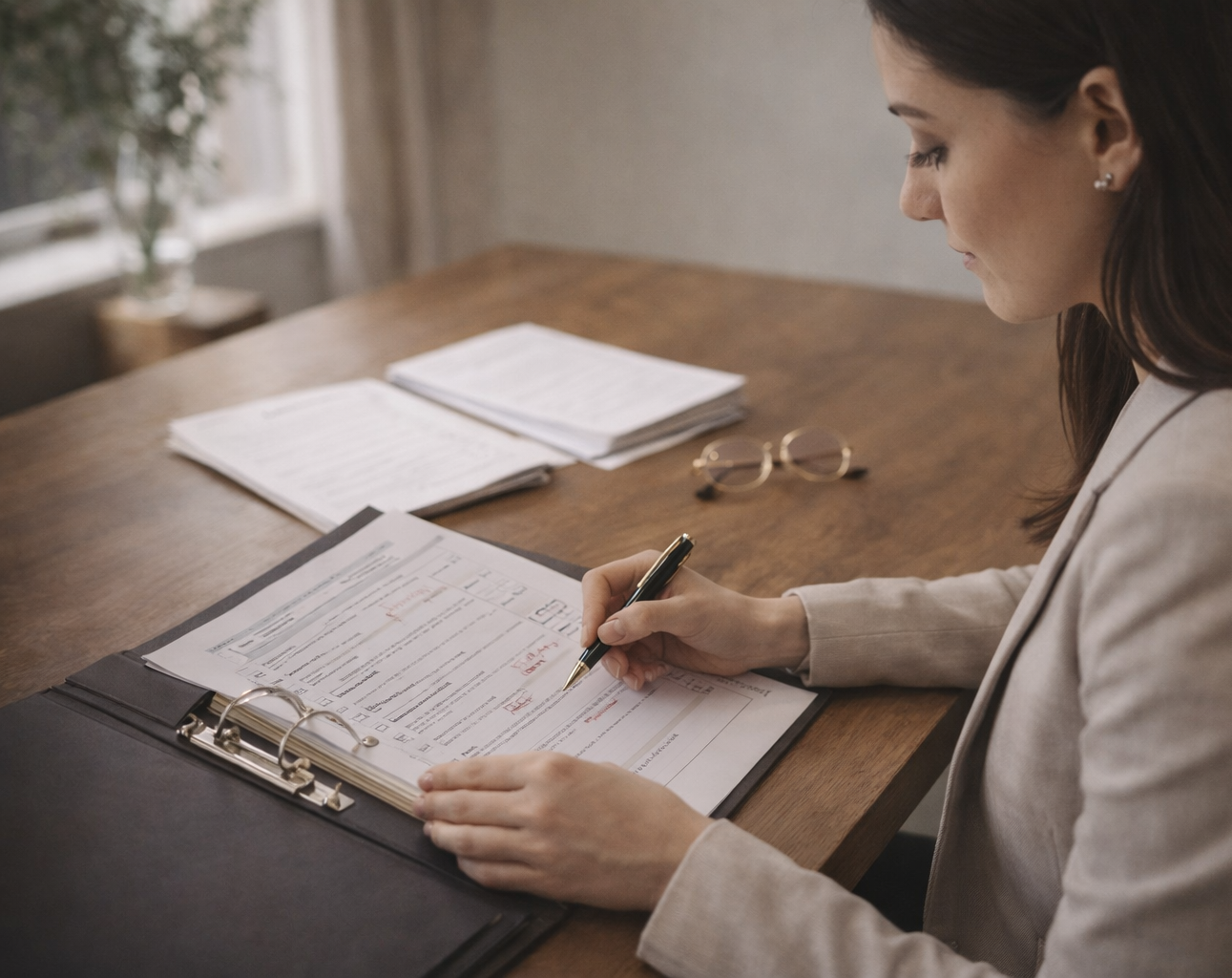 Audit & Executive Strategy – Frau mit Dokument Frau im Blazer prüft strukturiertes Audit-Dokument mit Notizen in einem Ringordner am Schreibtisch