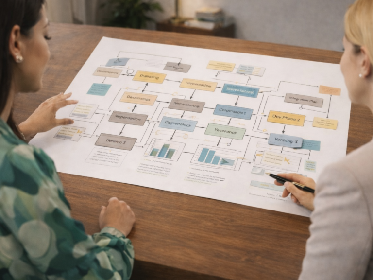 Zwei Personen überprüfen komplexes Prozessdiagramm auf Papier