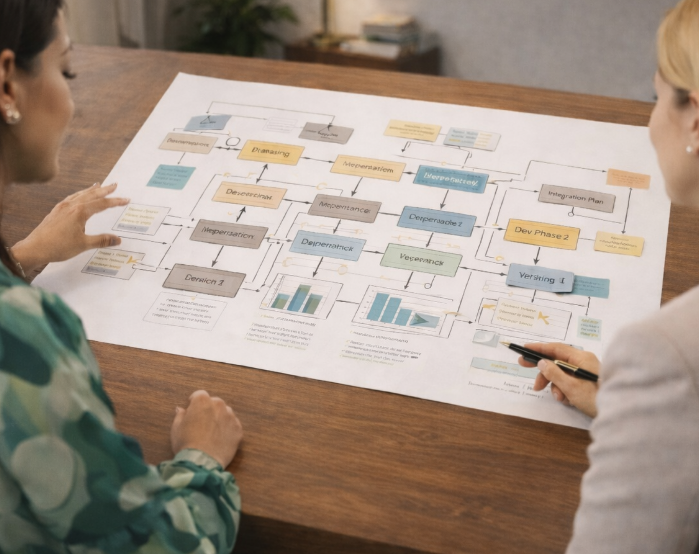 Growth Extension – Flussdiagramm Zwei Personen arbeiten gemeinsam an einem komplexen Prozessflussdiagramm auf Papier