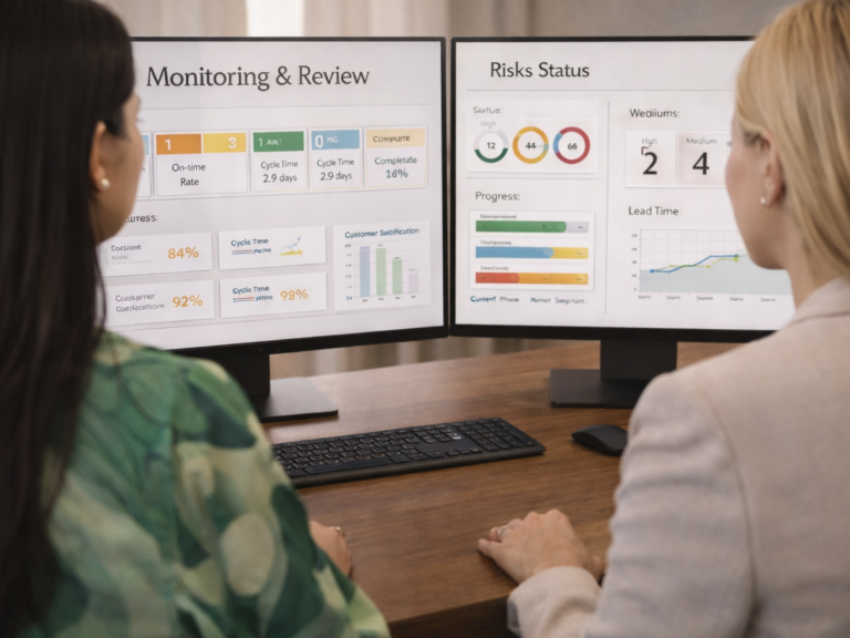 Mitarbeiterin analysiert KPI-Dashboard auf zwei Bildschirmen