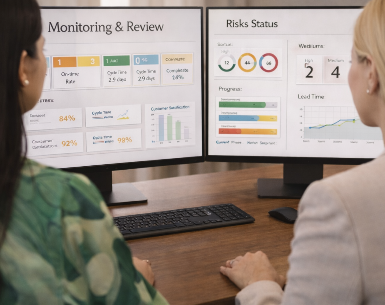 Governance Retainer – Dashboard Frau analysiert KPI-Monitoring Dashboard mit Prozess- und Risikokennzahlen am Bildschirm